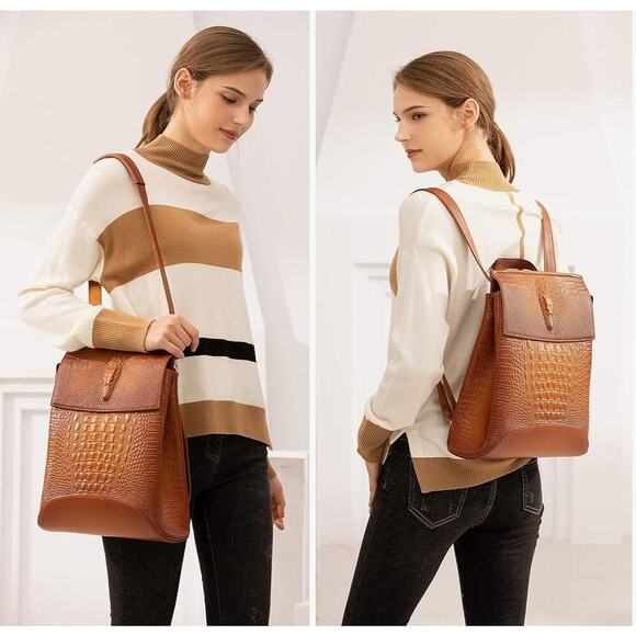 COOLCY Women Real Leather Backpack Shoulder Bag Sorrel Brown - Picture 12 of 12